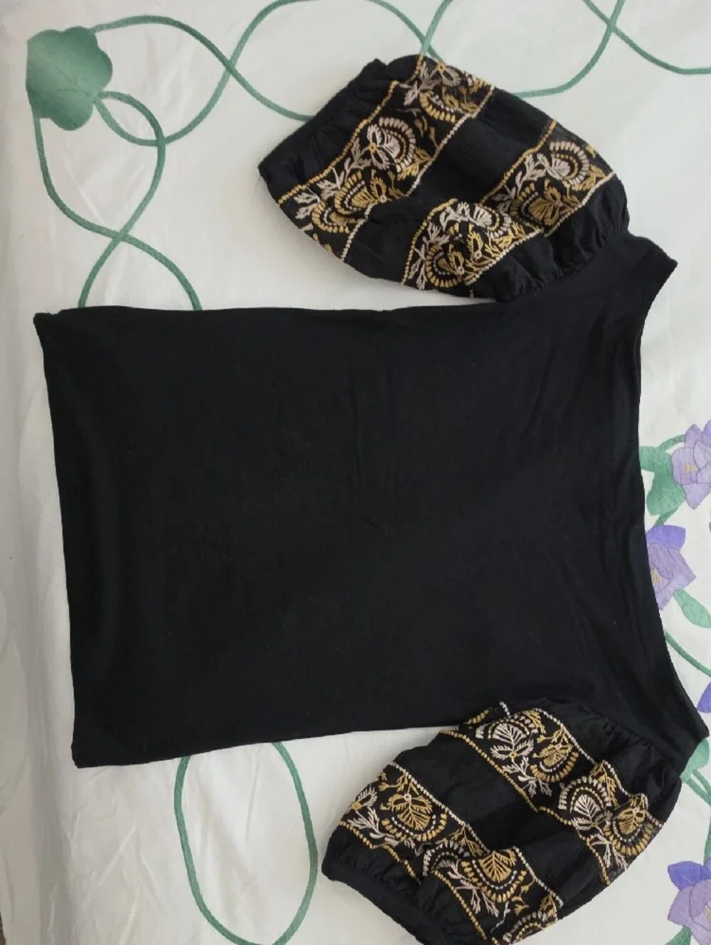 Free People Black Off-Shoulder Tunic with Gold Embroidered Puff Sleeves